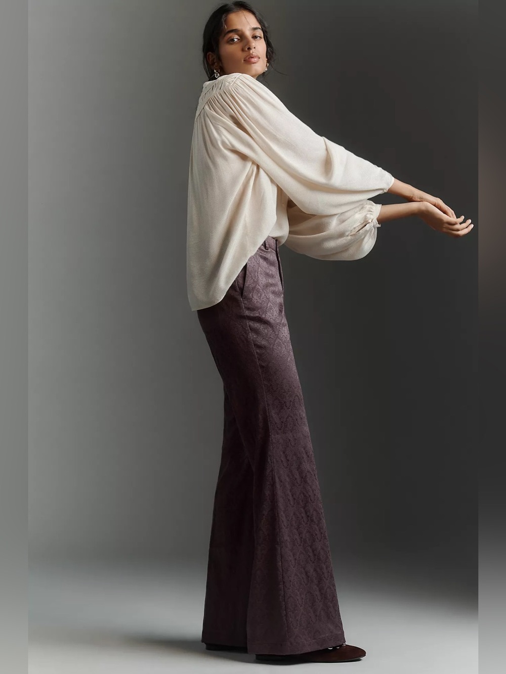 By Anthropologie Whimsical Brocade Flare Pants Size 12  Deepened Plum Prune NWT